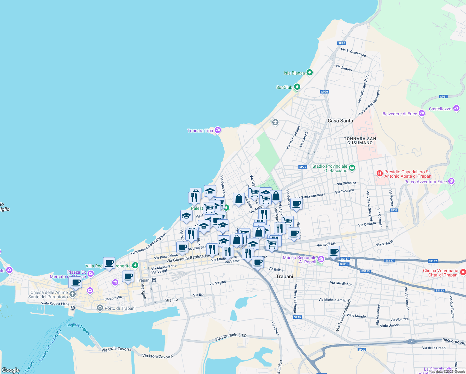 map of restaurants, bars, coffee shops, grocery stores, and more near 41 Via Valenza Benedetto in Trapani