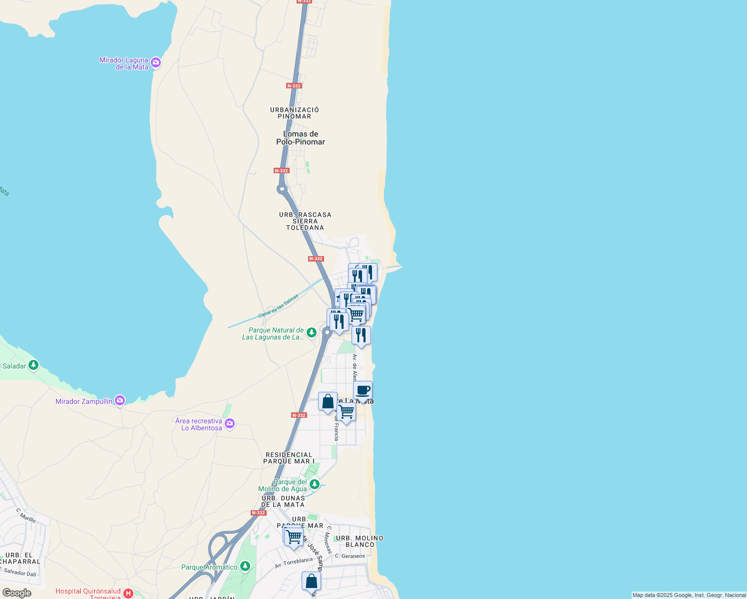 map of restaurants, bars, coffee shops, grocery stores, and more near Av de la Sal in Torrevieja