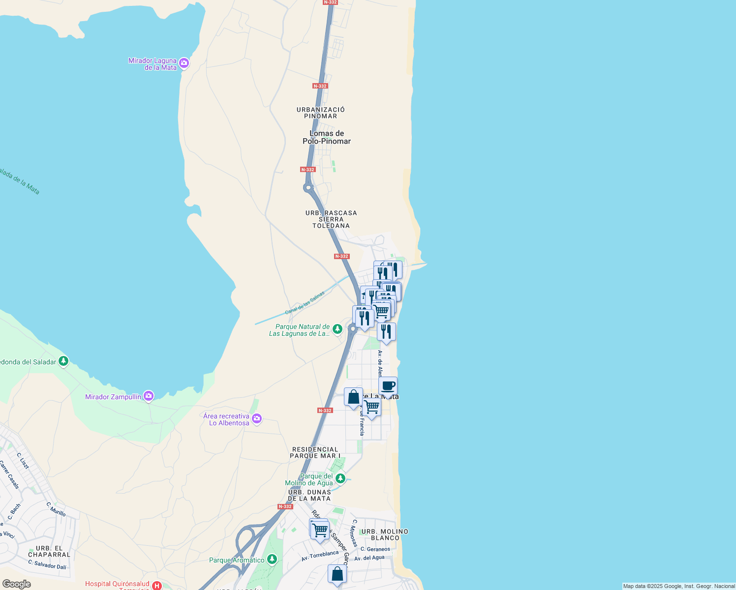 map of restaurants, bars, coffee shops, grocery stores, and more near Calle Benacantil in La Mata