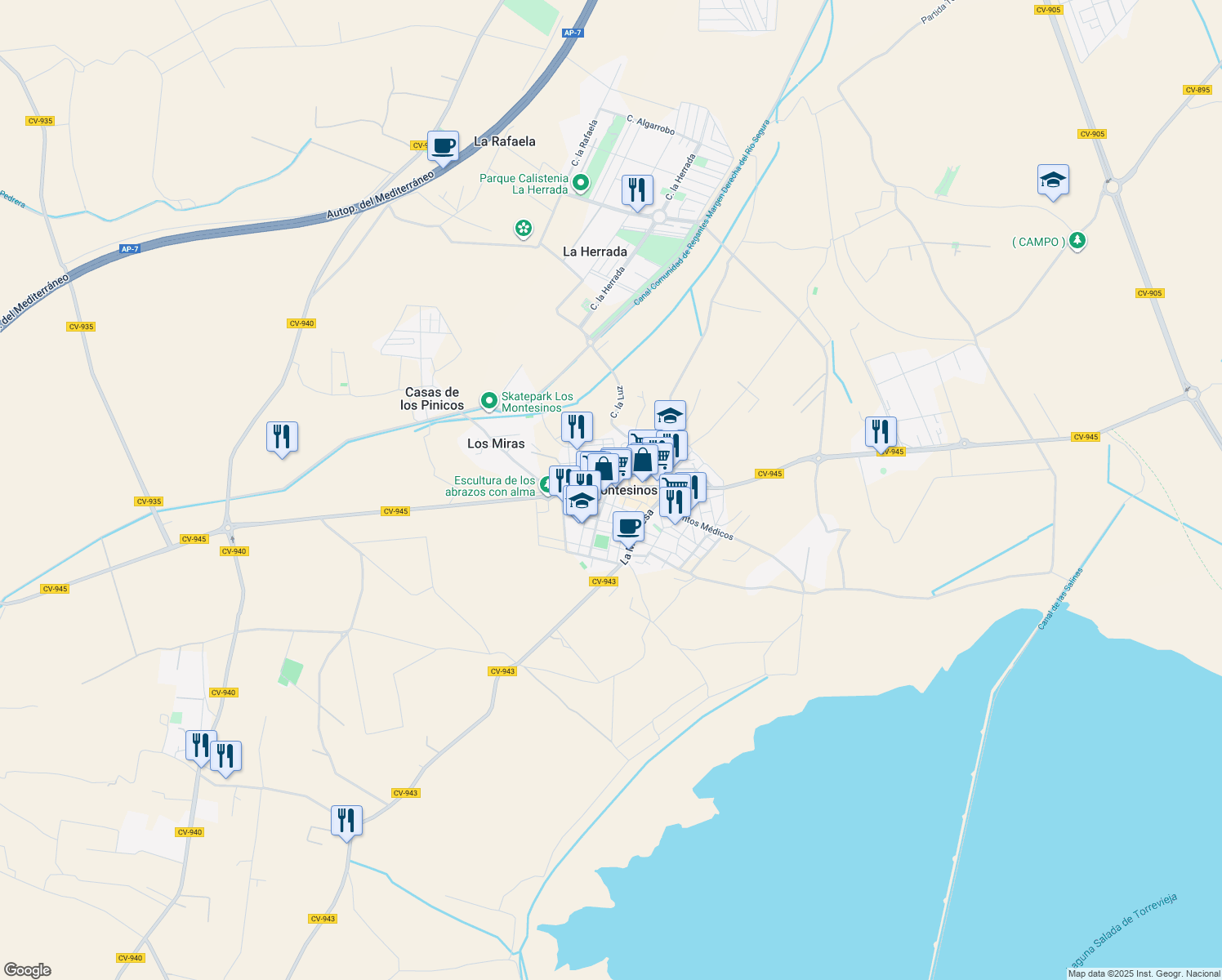 map of restaurants, bars, coffee shops, grocery stores, and more near in Los Montesinos