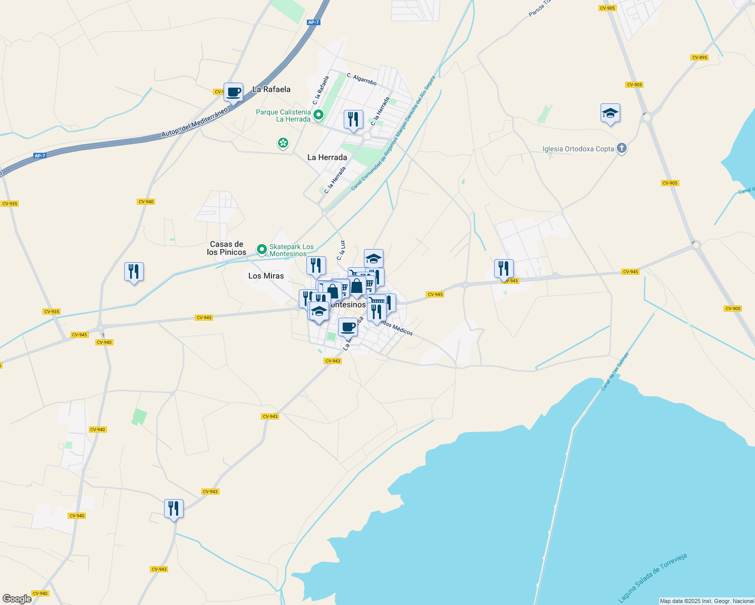map of restaurants, bars, coffee shops, grocery stores, and more near 34A Calle Mantel Torres Esnost in Los Montesinos
