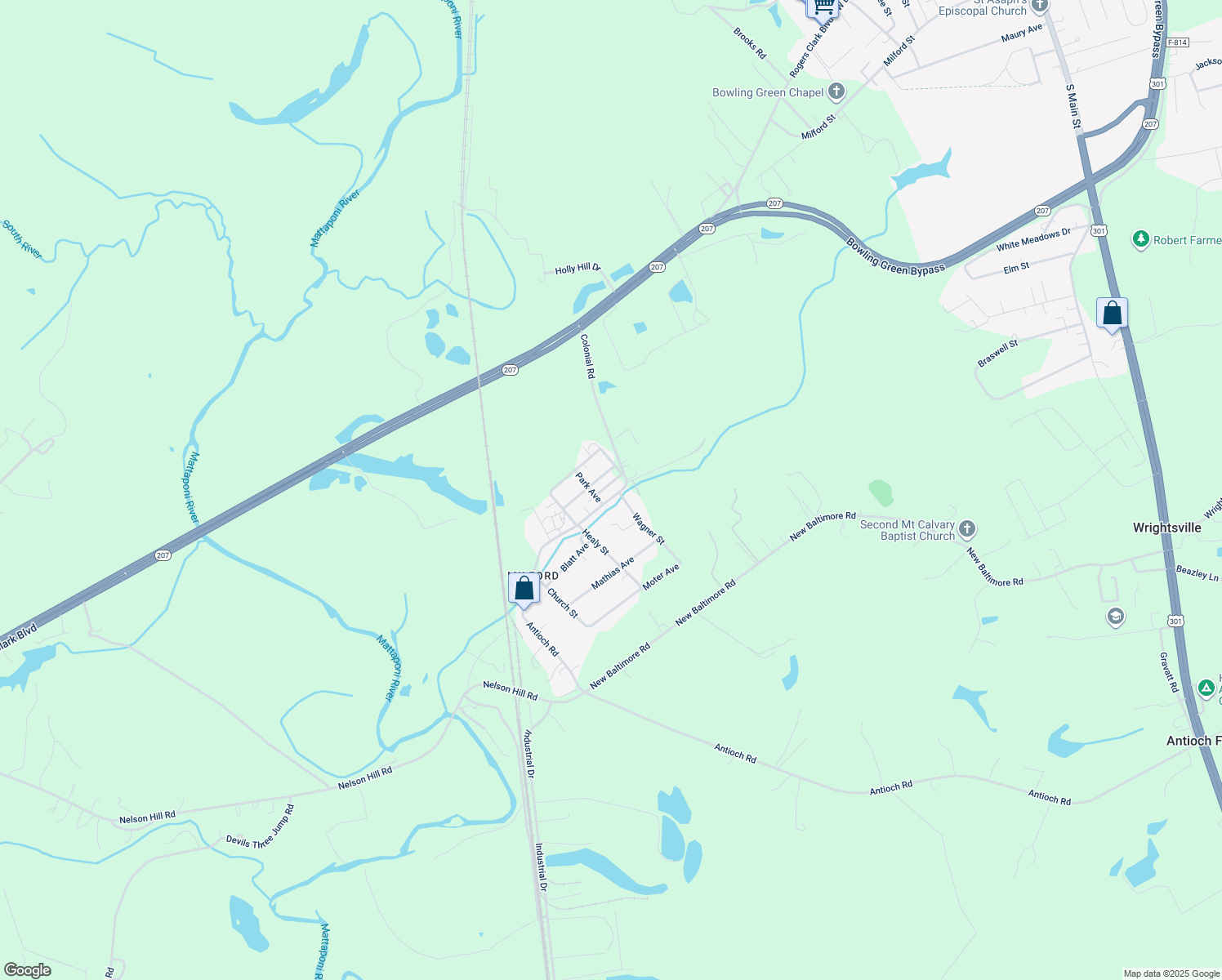 map of restaurants, bars, coffee shops, grocery stores, and more near 16061 Colonial Road in Caroline County