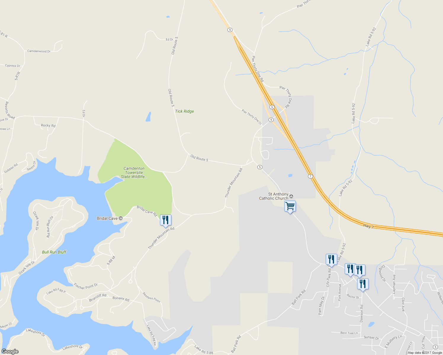 map of restaurants, bars, coffee shops, grocery stores, and more near 5-89 Lake Road in Camdenton