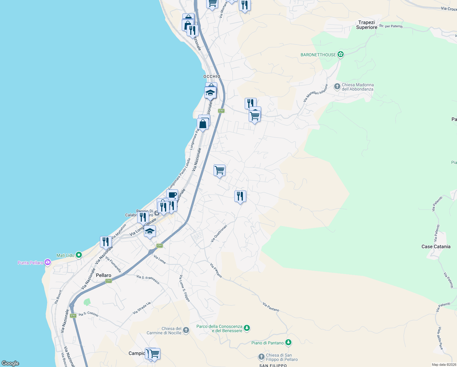 map of restaurants, bars, coffee shops, grocery stores, and more near Strada Statale 106 Ionica in Reggio Calabria