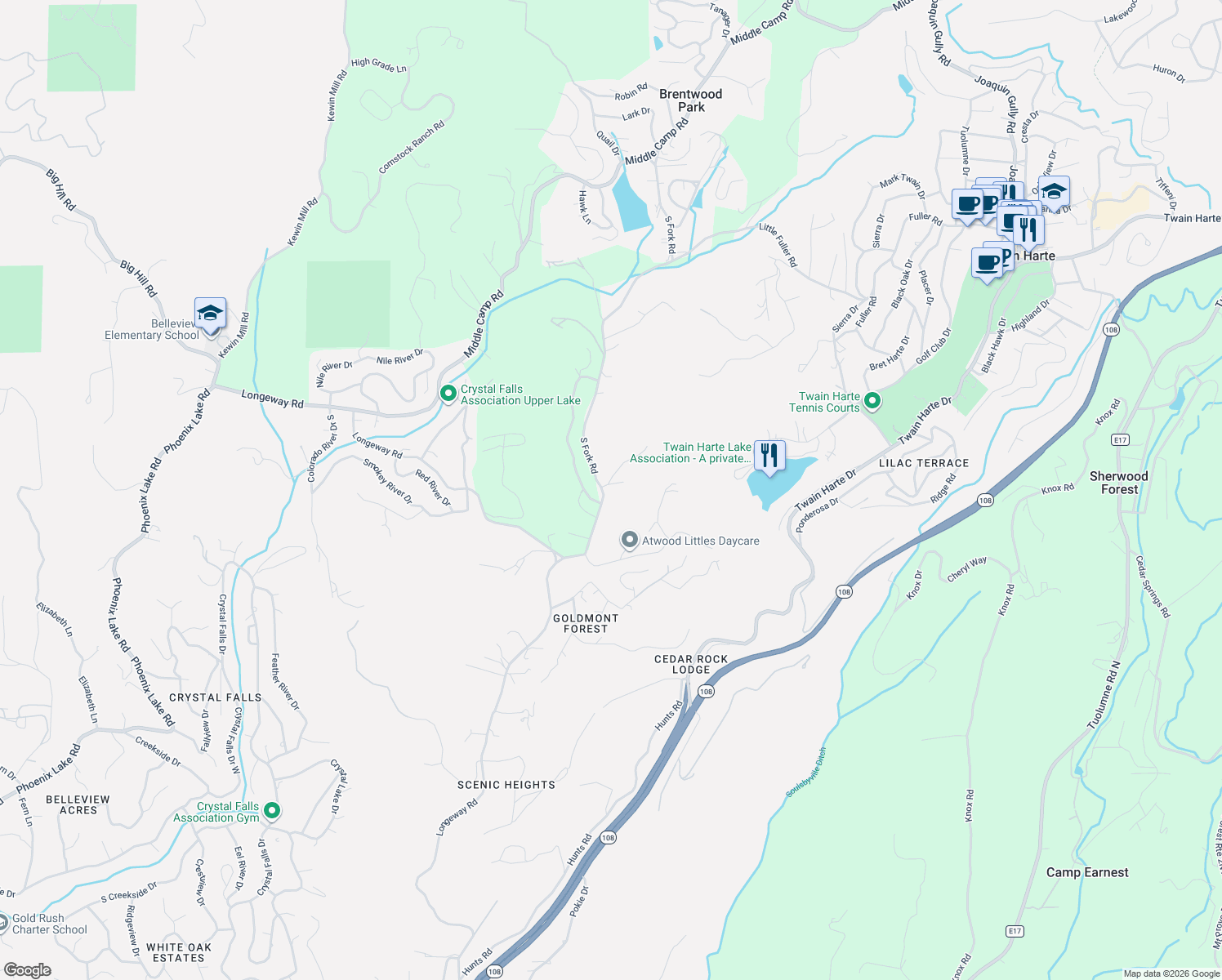 map of restaurants, bars, coffee shops, grocery stores, and more near 22505 Joe Hooke Lane in Sonora