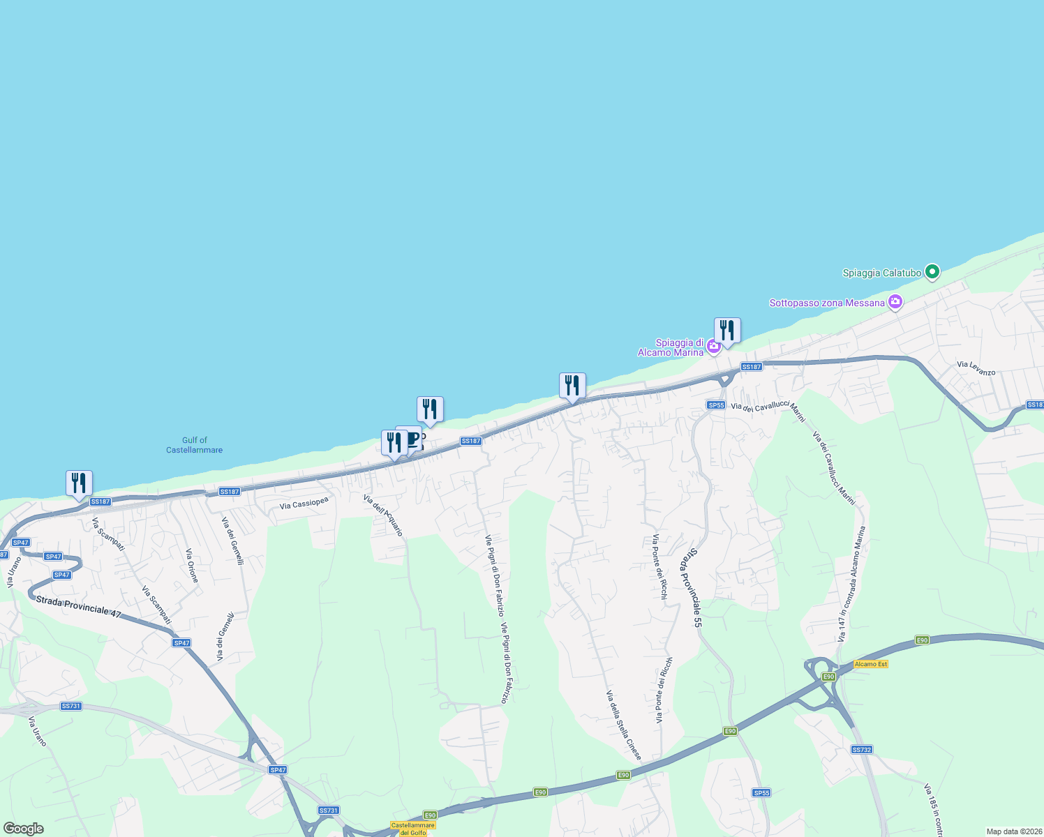 map of restaurants, bars, coffee shops, grocery stores, and more near 397 Via del Golfo in Alcamo