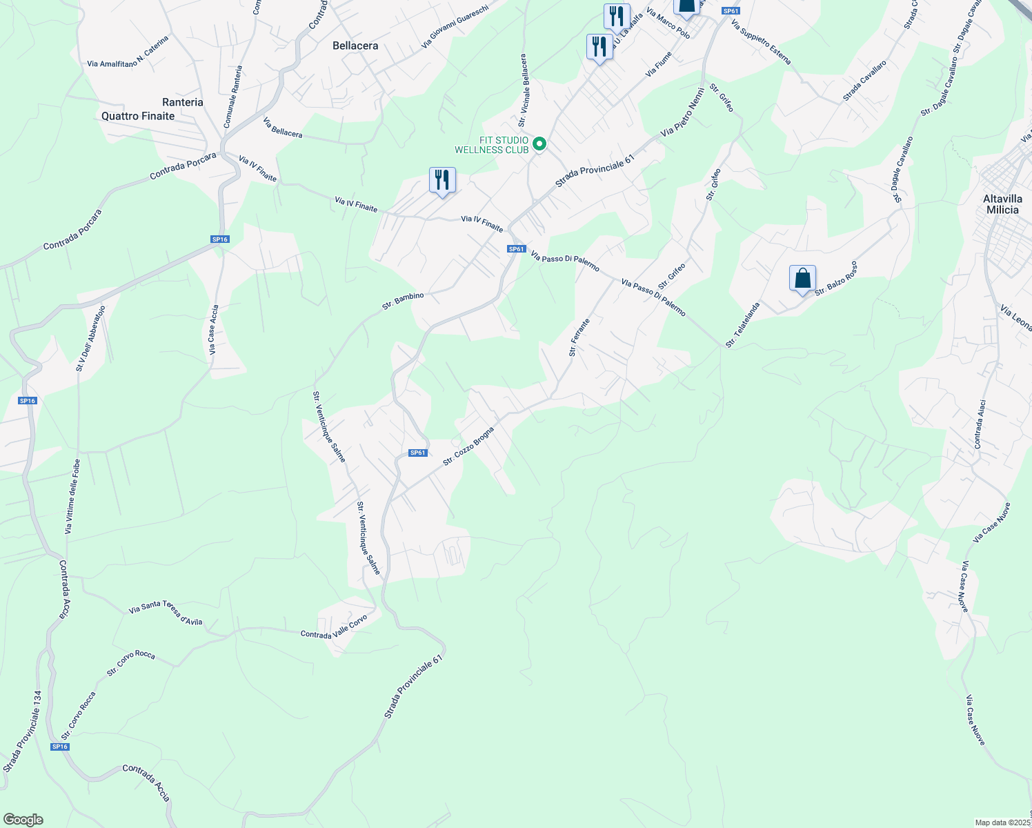 map of restaurants, bars, coffee shops, grocery stores, and more near 56 Strada Cozzo Brogna in Città metropolitana di Palermo