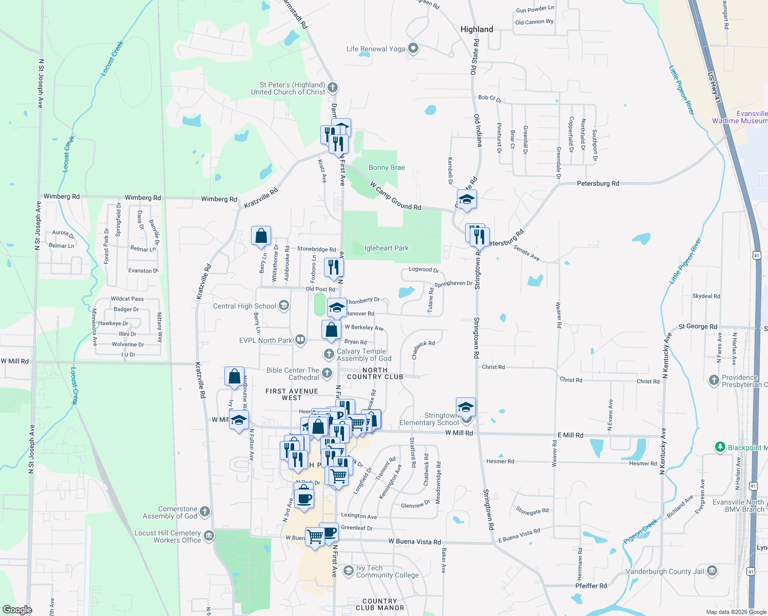 map of restaurants, bars, coffee shops, grocery stores, and more near 408 Thornberry Drive in Evansville