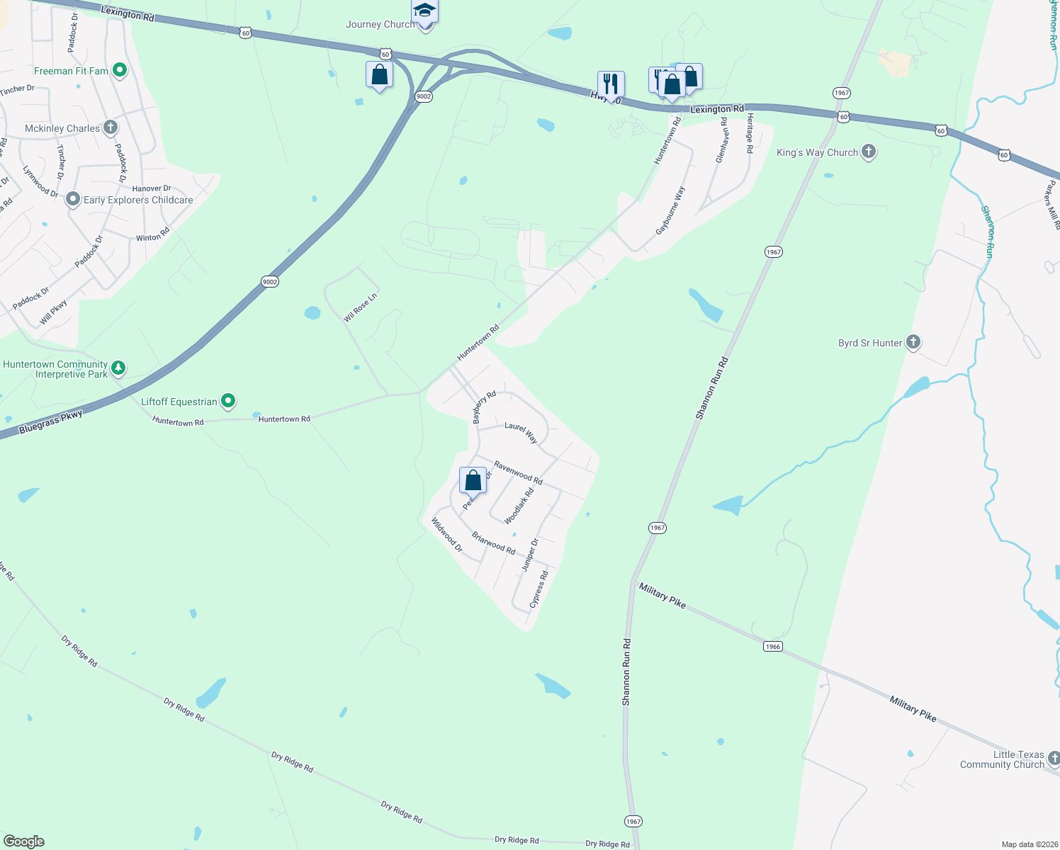 map of restaurants, bars, coffee shops, grocery stores, and more near 119 Laurel Way in Versailles