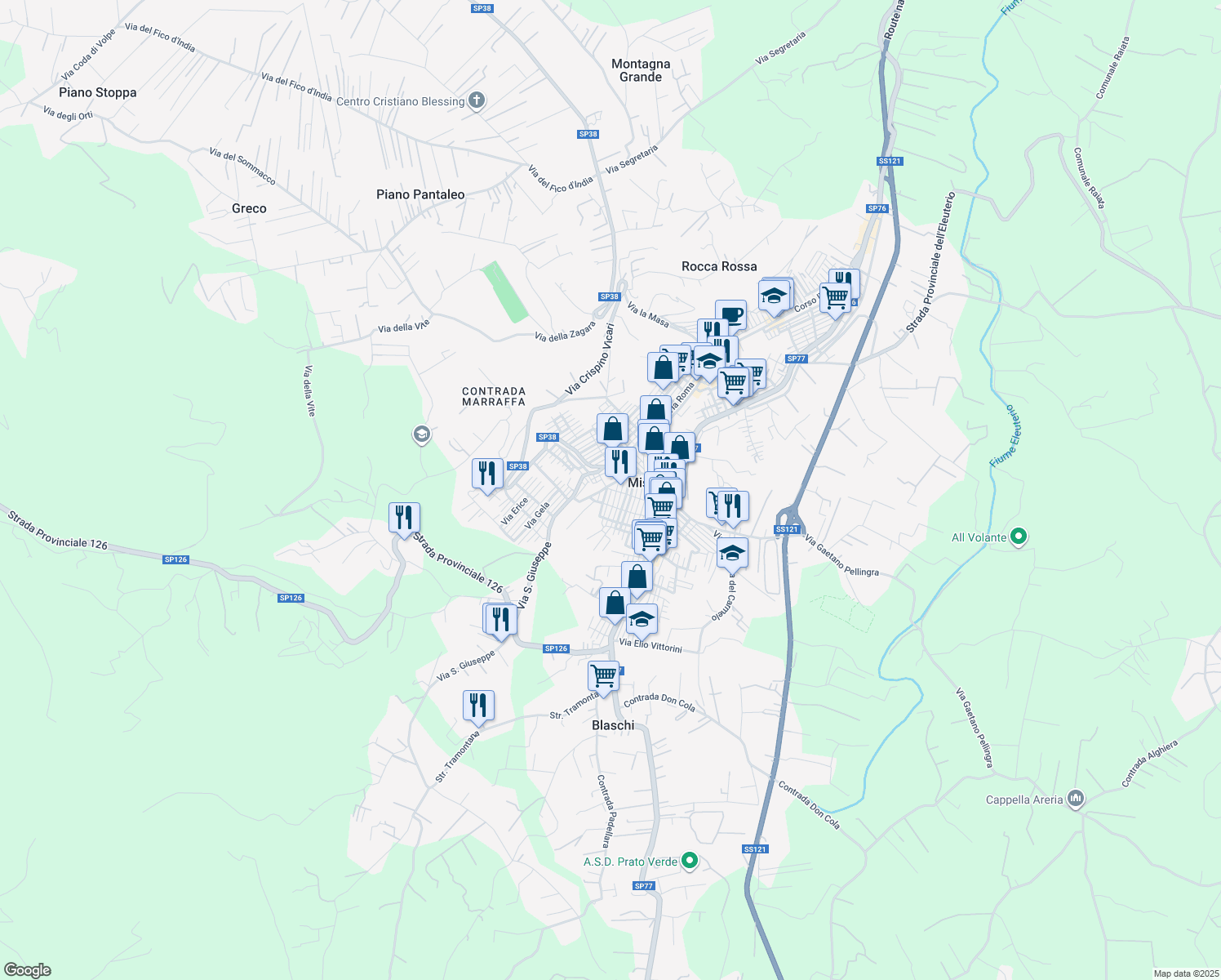 map of restaurants, bars, coffee shops, grocery stores, and more near 24 Via San Vincenzo Ferreri in Misilmeri