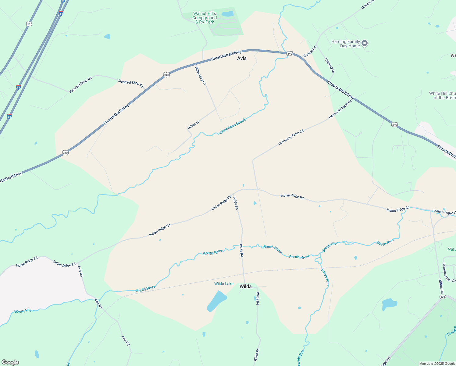map of restaurants, bars, coffee shops, grocery stores, and more near 1552 Indian Ridge Road in Stuarts Draft