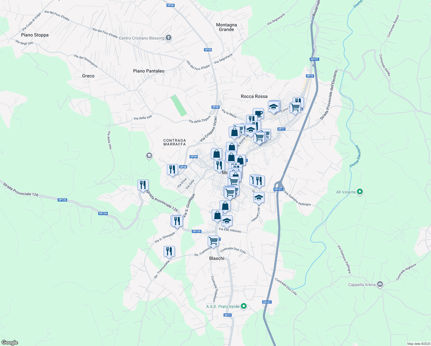 map of restaurants, bars, coffee shops, grocery stores, and more near 24 Via San Vincenzo Ferreri in Misilmeri