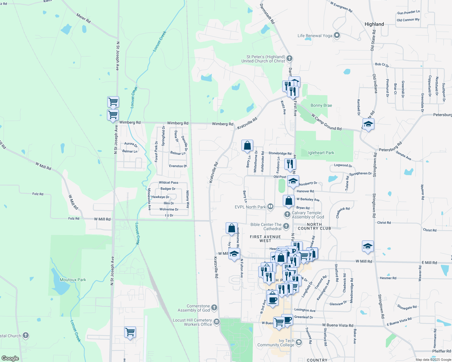 map of restaurants, bars, coffee shops, grocery stores, and more near 1411 Timberlake Rd in Evansville
