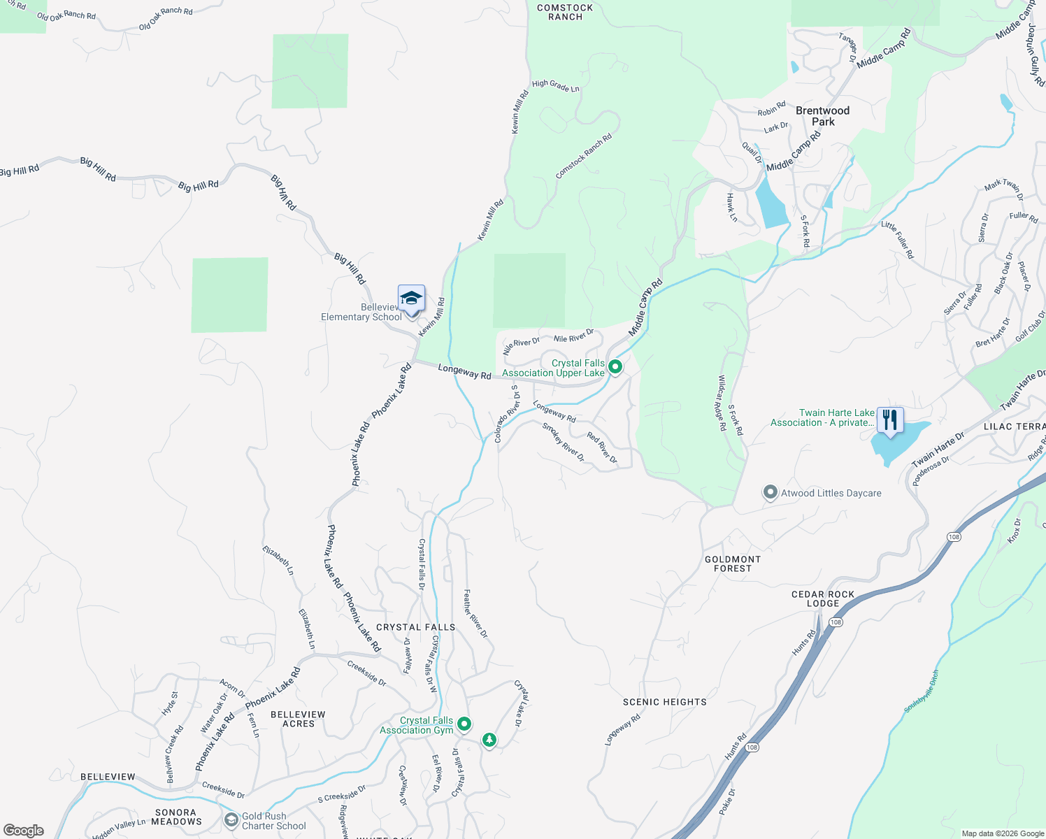 map of restaurants, bars, coffee shops, grocery stores, and more near 17166 Smokey River Drive in Sonora