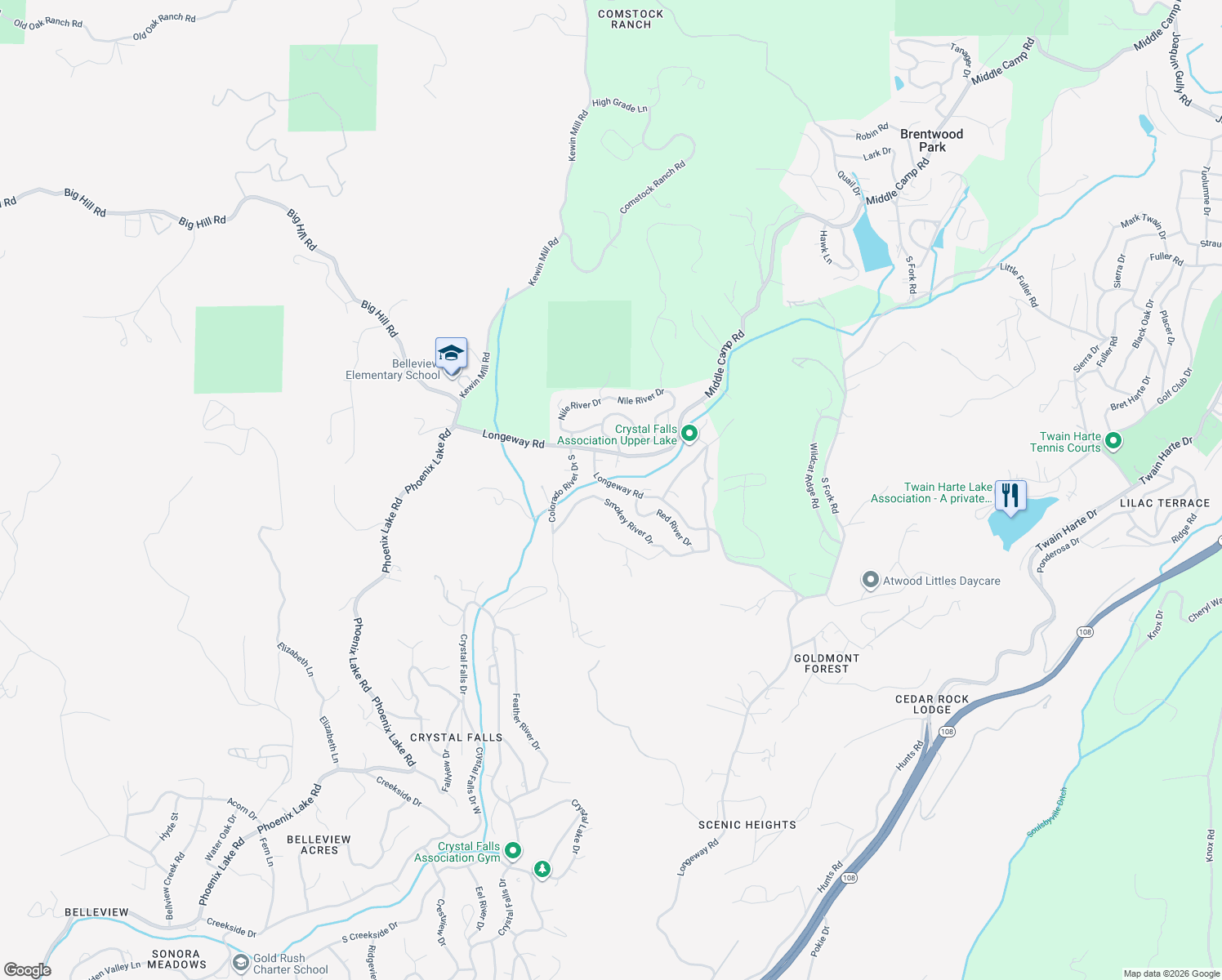 map of restaurants, bars, coffee shops, grocery stores, and more near 22491 Longeway Road in Sonora