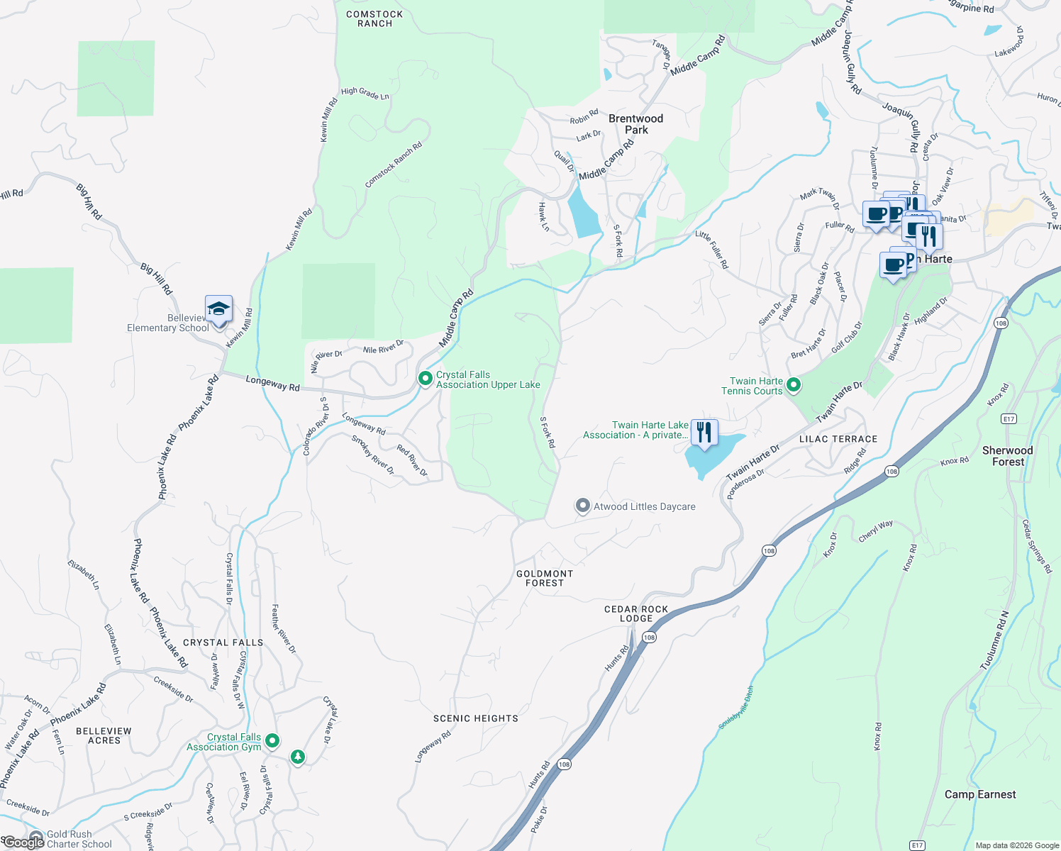 map of restaurants, bars, coffee shops, grocery stores, and more near Wildcat Ridge Road in Tuolumne County