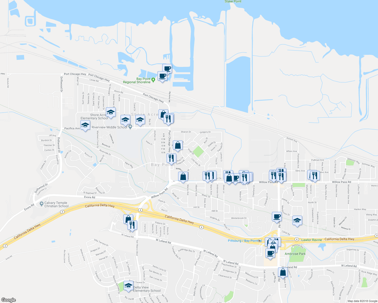 map of restaurants, bars, coffee shops, grocery stores, and more near 513 Virgil Street in Bay Point