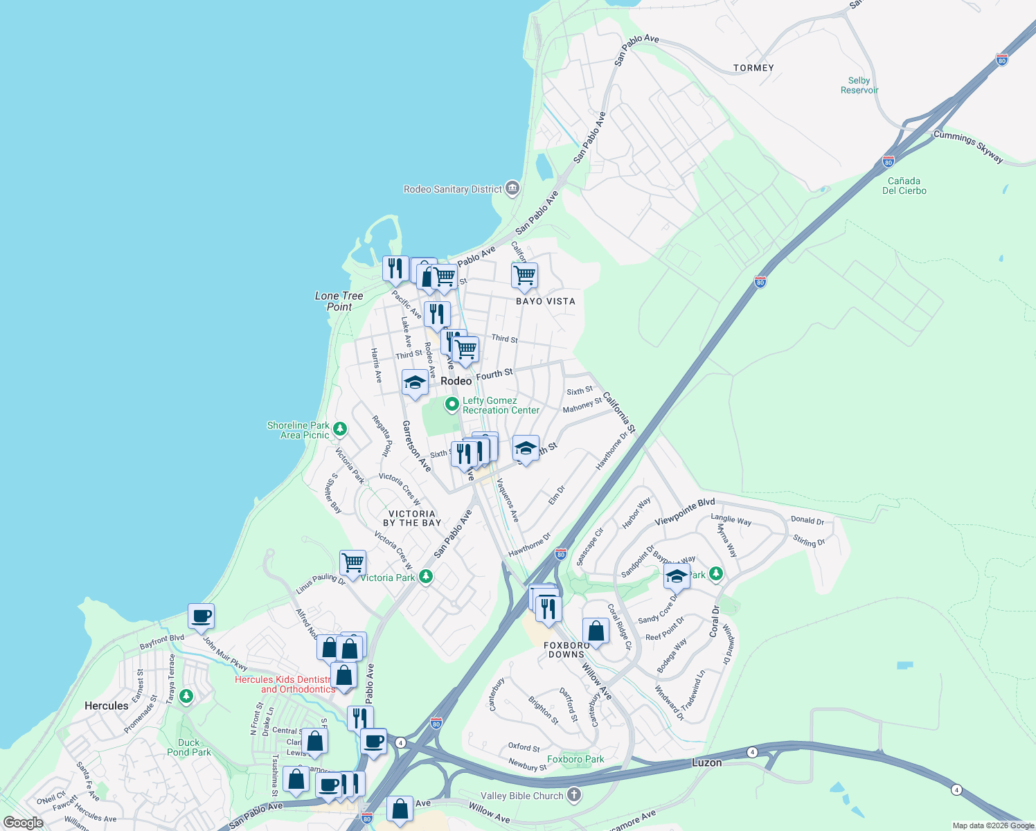 map of restaurants, bars, coffee shops, grocery stores, and more near 530 Suisun Avenue in Rodeo