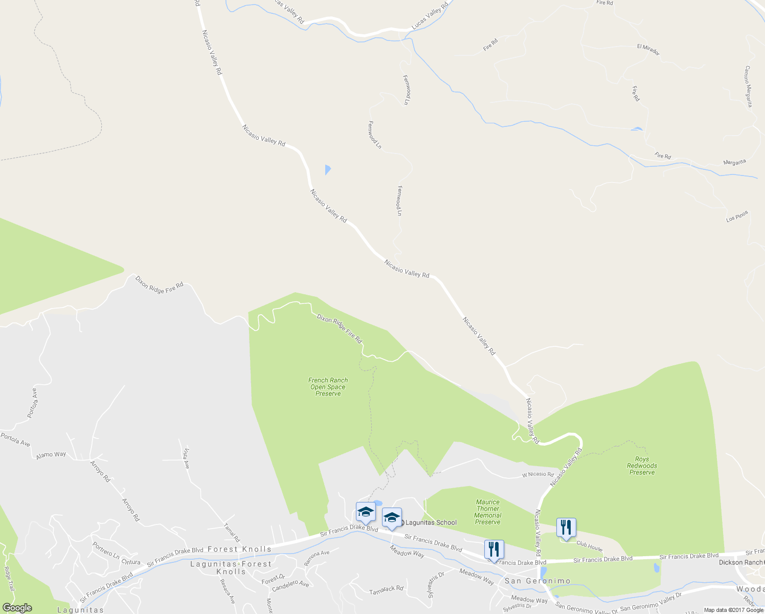 map of restaurants, bars, coffee shops, grocery stores, and more near 1355 Nicasio Valley Road in Nicasio