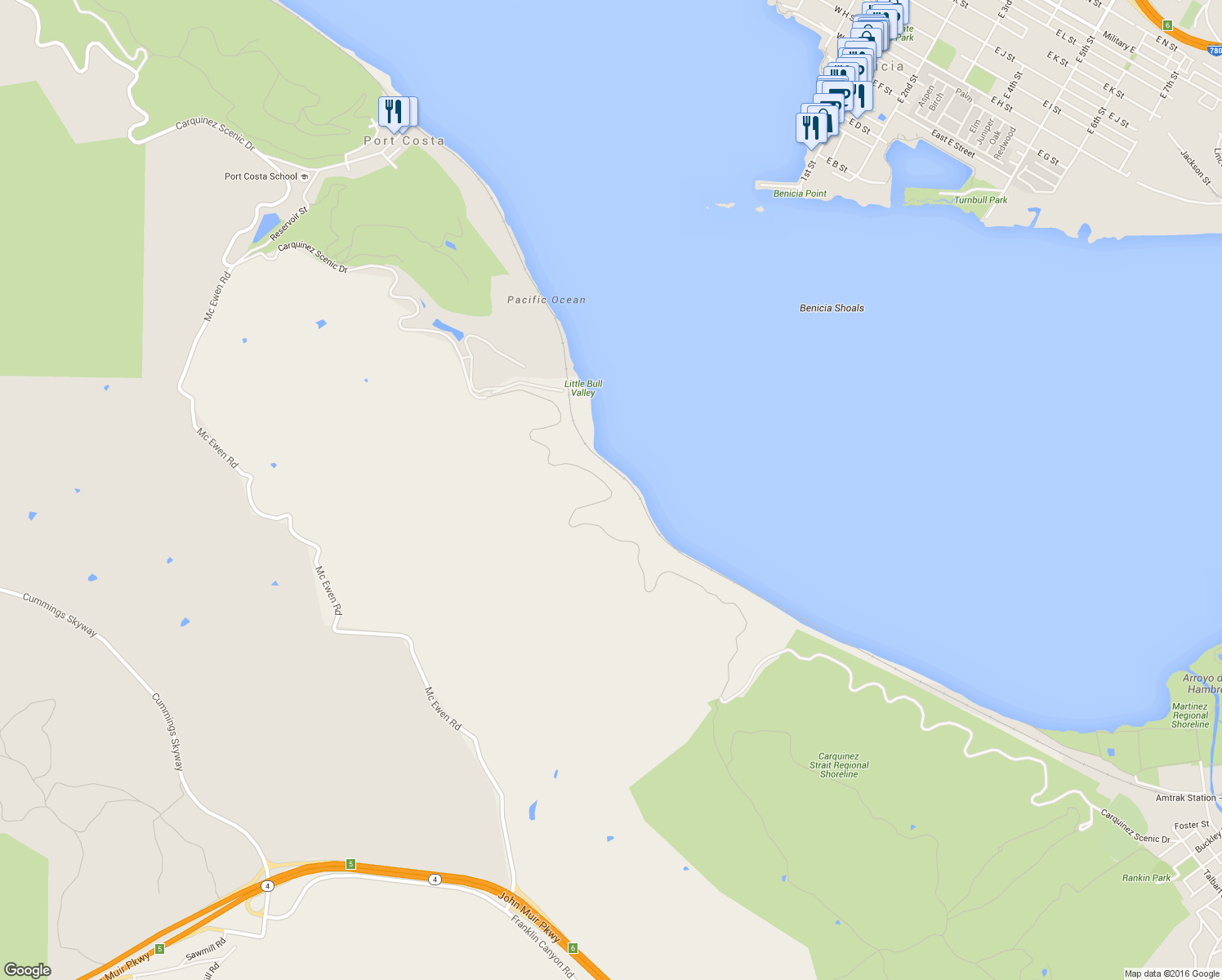 map of restaurants, bars, coffee shops, grocery stores, and more near Carquinez Scenic Drive in Martinez