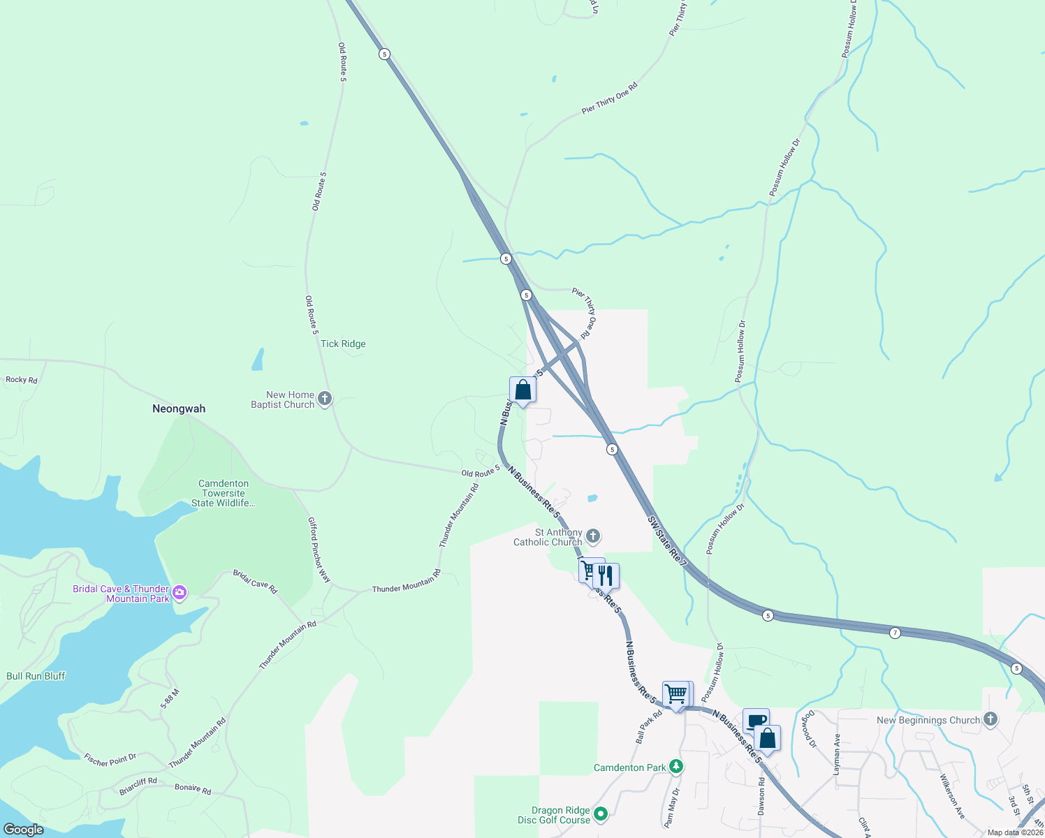 map of restaurants, bars, coffee shops, grocery stores, and more near 98 Edwards Drive in Camdenton