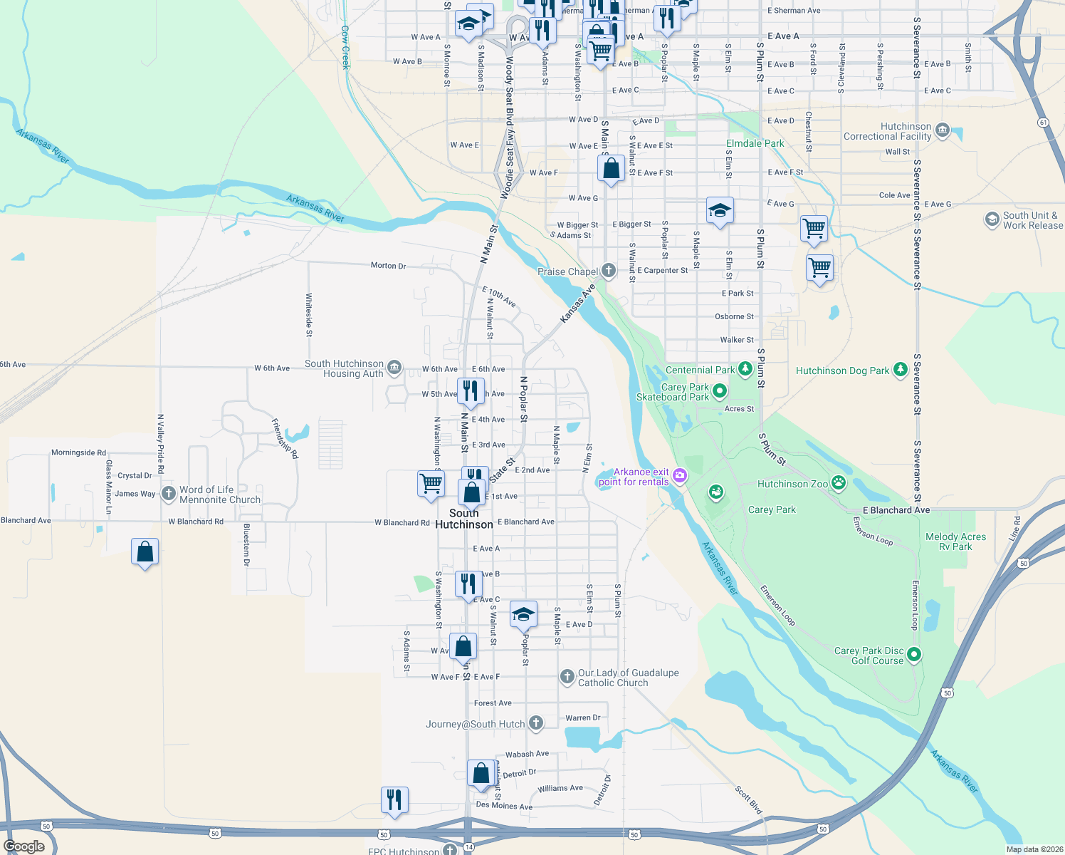 map of restaurants, bars, coffee shops, grocery stores, and more near 324 North Poplar Street in South Hutchinson