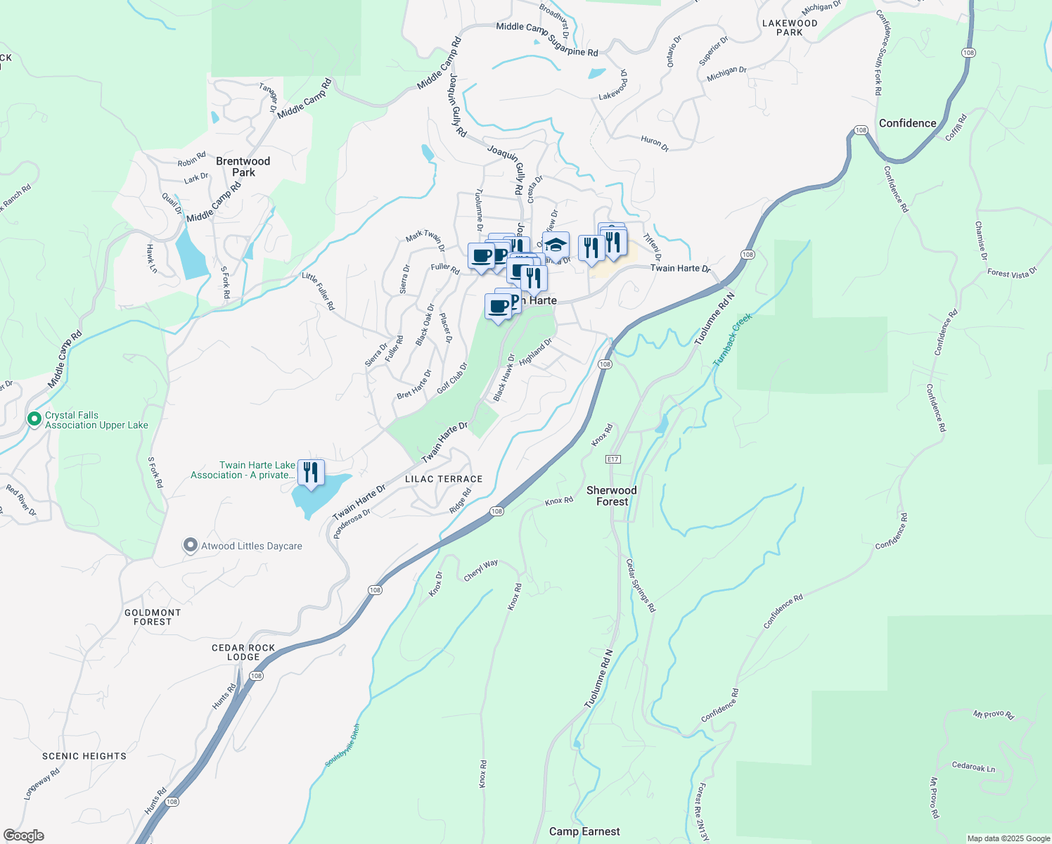 map of restaurants, bars, coffee shops, grocery stores, and more near 22645 Tamarack Drive in Twain Harte