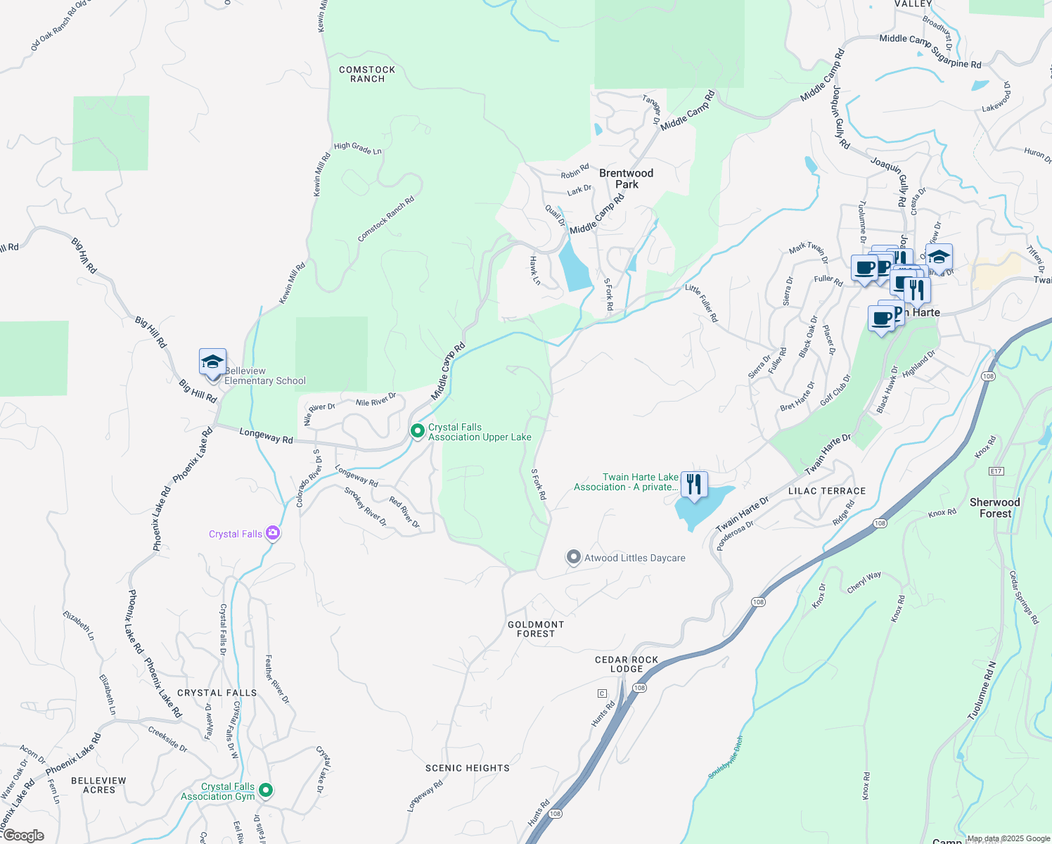 map of restaurants, bars, coffee shops, grocery stores, and more near 22670 Wildcat Ridge Road in Sonora