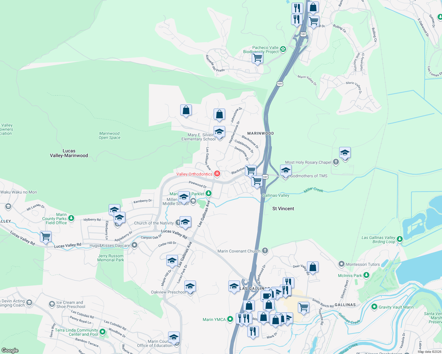 map of restaurants, bars, coffee shops, grocery stores, and more near 21 Windstone Drive in San Rafael
