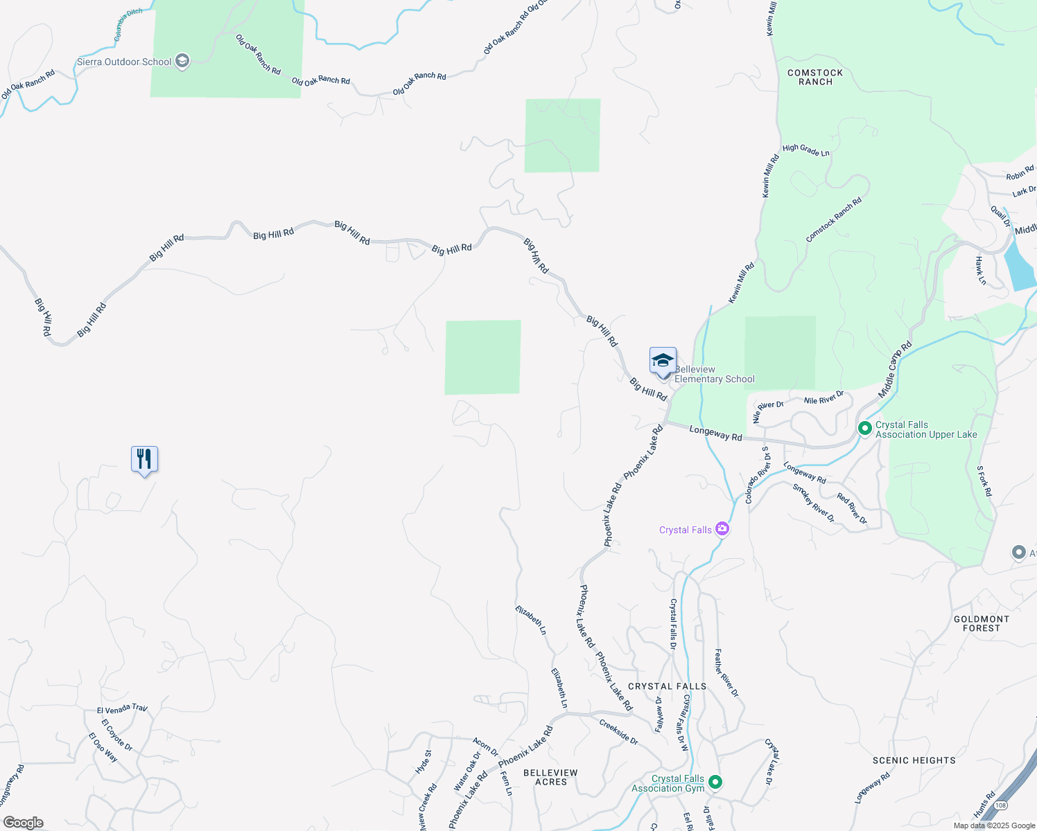 map of restaurants, bars, coffee shops, grocery stores, and more near 22577 Elizabeth Lane in Sonora