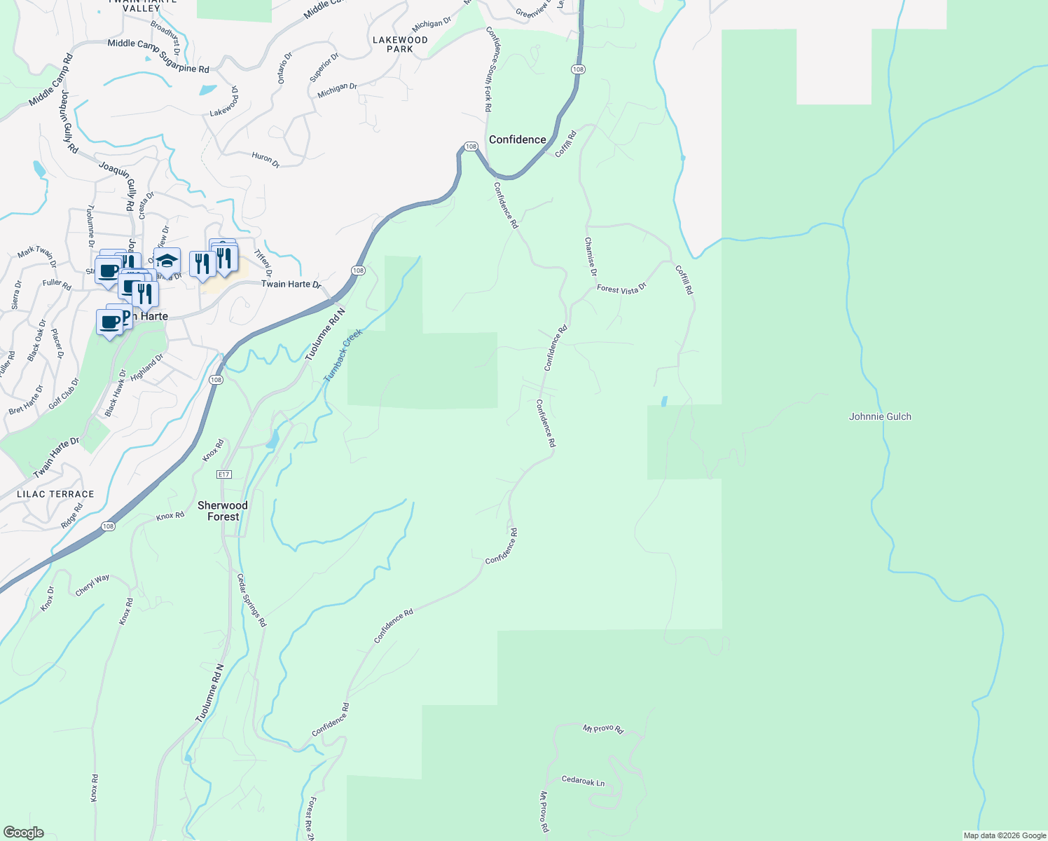 map of restaurants, bars, coffee shops, grocery stores, and more near 19775 Westview Drive in Twain Harte