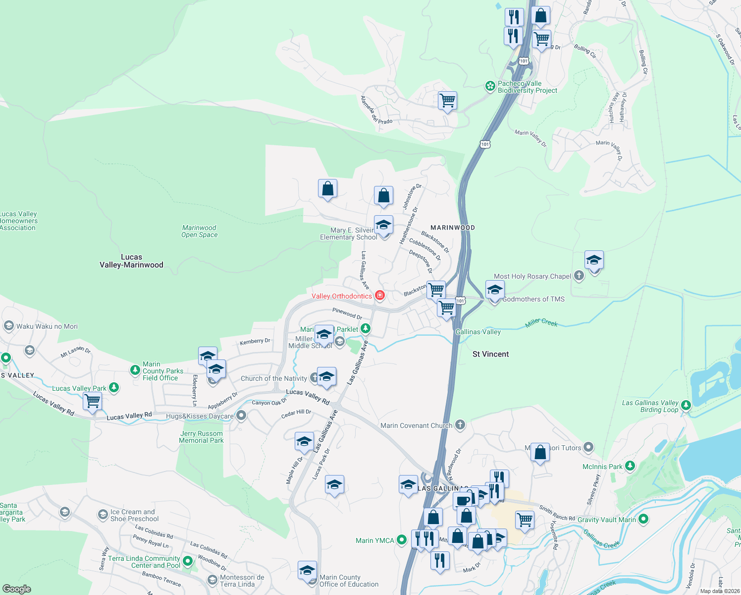 map of restaurants, bars, coffee shops, grocery stores, and more near 2523 Las Gallinas Ave in San Rafael