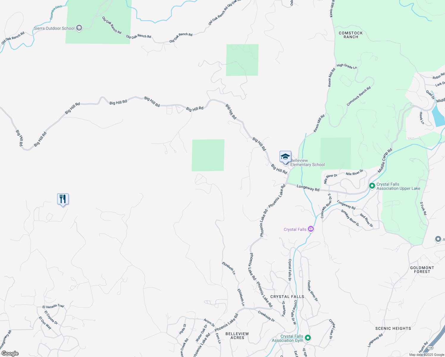 map of restaurants, bars, coffee shops, grocery stores, and more near 22577 Elizabeth Lane in Sonora
