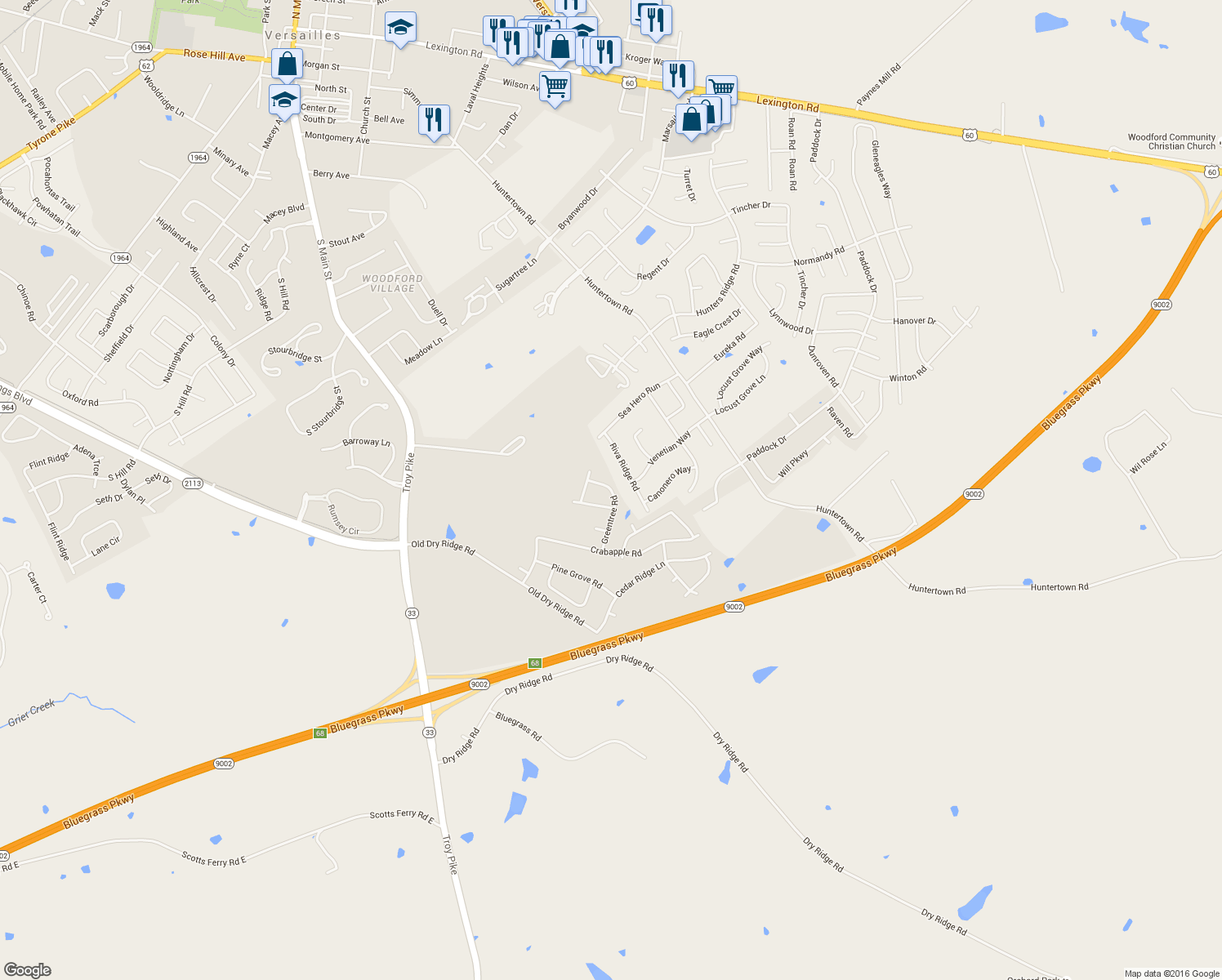 map of restaurants, bars, coffee shops, grocery stores, and more near 4056 Greentree Road in Versailles