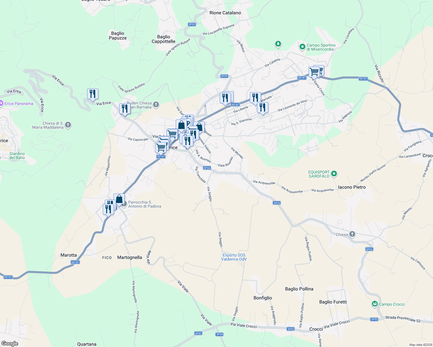 map of restaurants, bars, coffee shops, grocery stores, and more near 2 Via Francesco Albino in Valderice