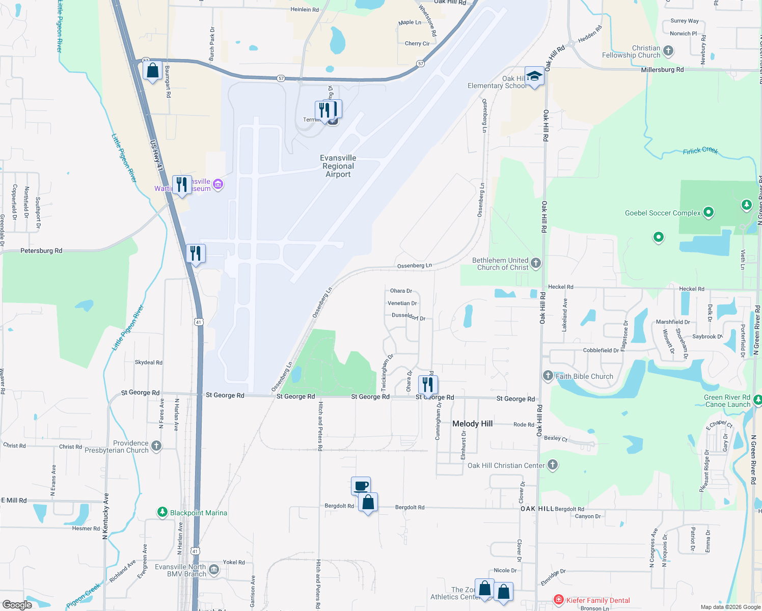 map of restaurants, bars, coffee shops, grocery stores, and more near 6122 Twickingham Dr in Evansville