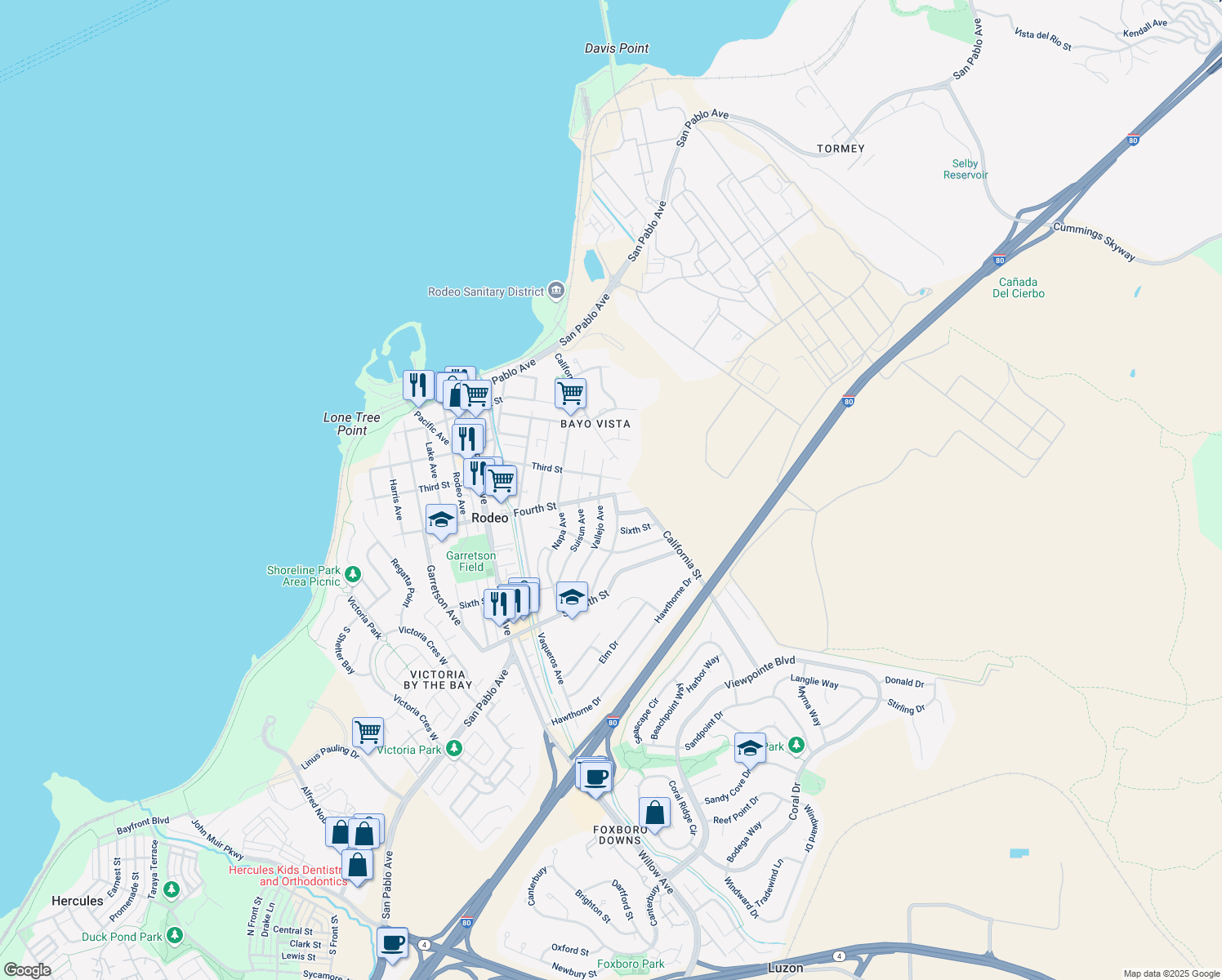 map of restaurants, bars, coffee shops, grocery stores, and more near 1222 Fourth Street in Rodeo