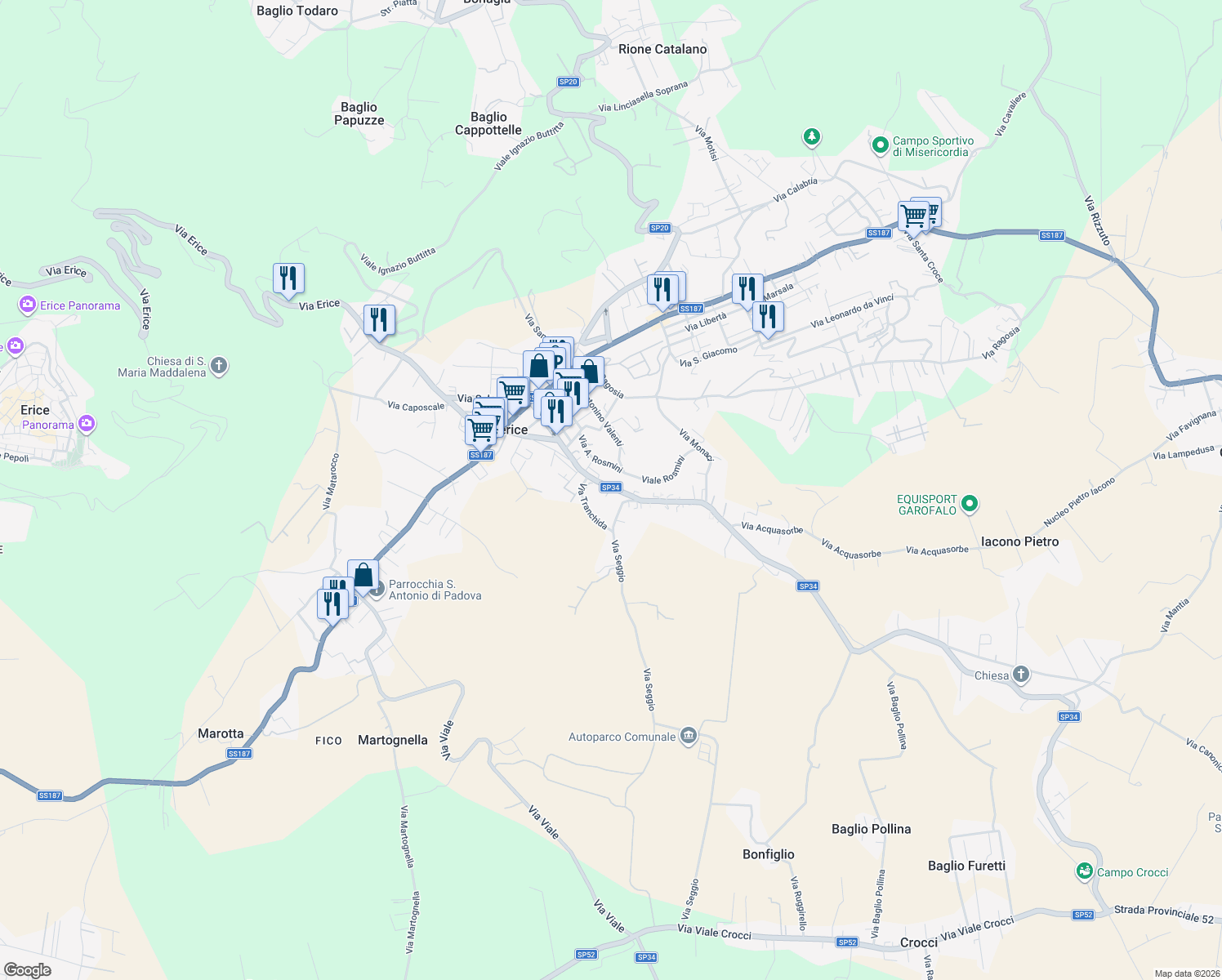 map of restaurants, bars, coffee shops, grocery stores, and more near 165 Via Simone Catalano in Valderice