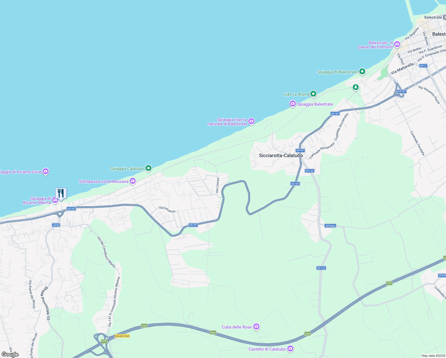 map of restaurants, bars, coffee shops, grocery stores, and more near 31 Via dei Balcani in Alcamo