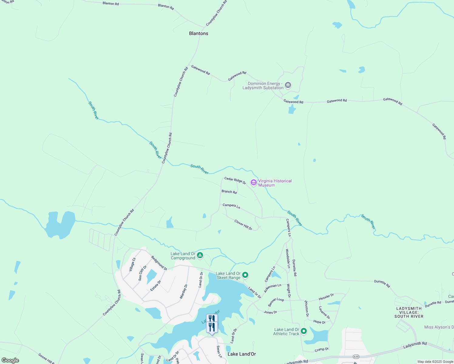 map of restaurants, bars, coffee shops, grocery stores, and more near 255 Cedar Ridge Drive in Ruther Glen