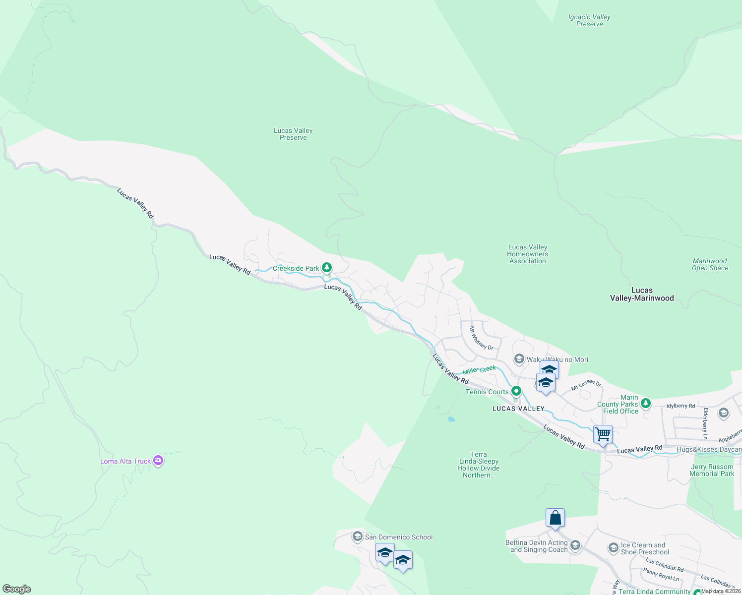 map of restaurants, bars, coffee shops, grocery stores, and more near 6 Rock Rose Court in San Rafael