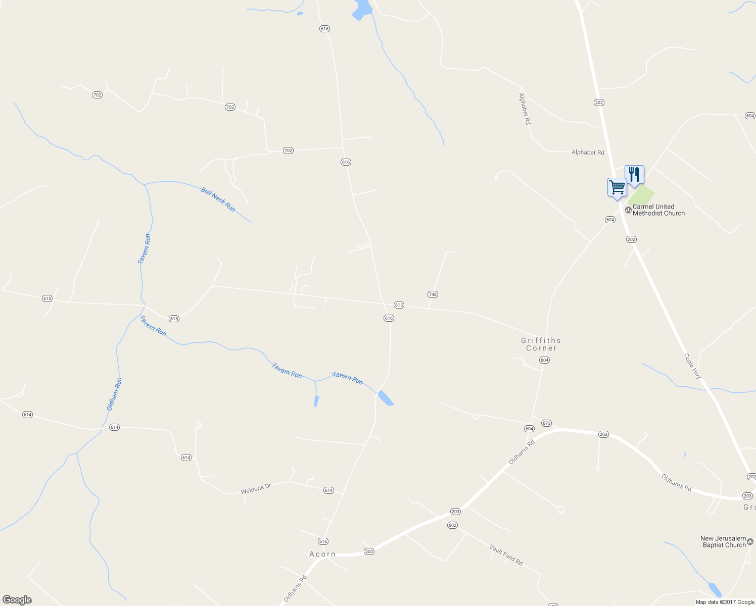 map of restaurants, bars, coffee shops, grocery stores, and more near 849 Jerusalem Church Road in Hague