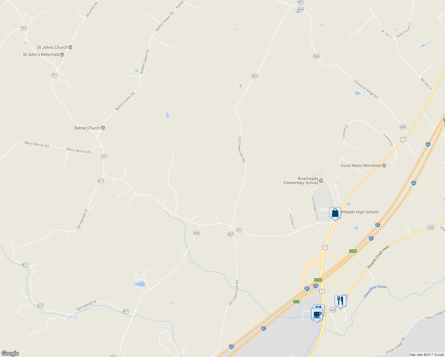 map of restaurants, bars, coffee shops, grocery stores, and more near 3975 Old Greenville Road in Staunton