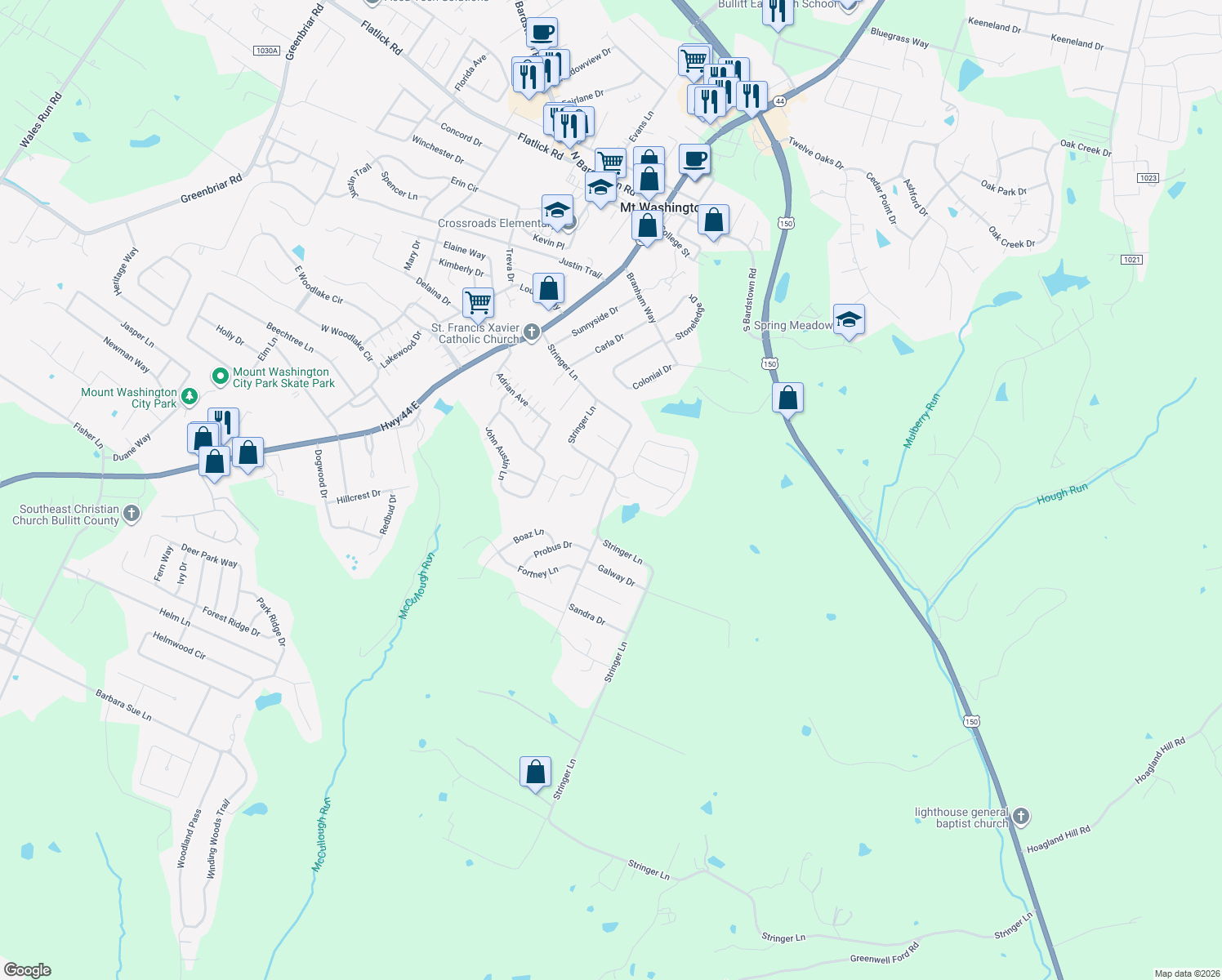 map of restaurants, bars, coffee shops, grocery stores, and more near 1189 Stringer Lane in Mount Washington