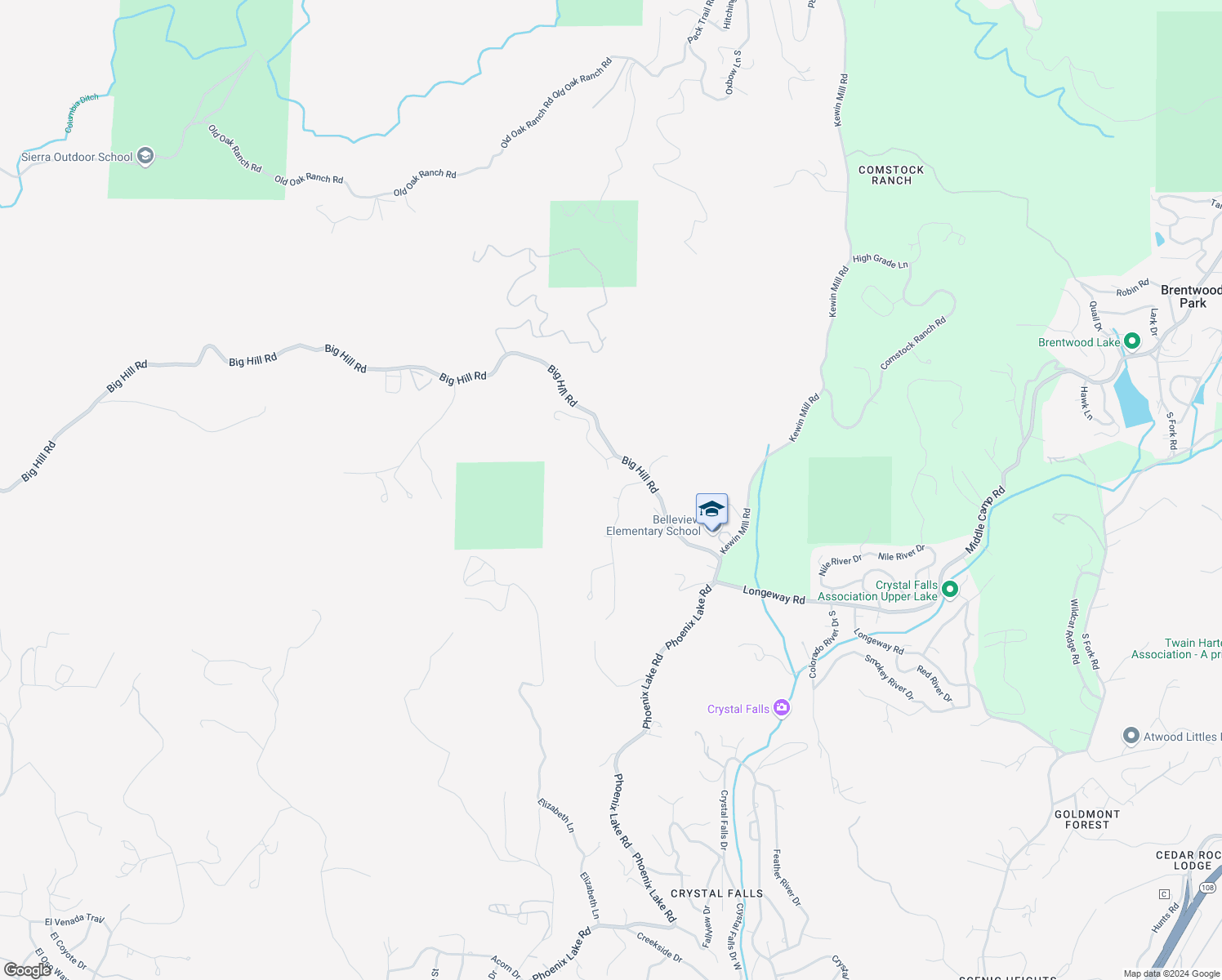 map of restaurants, bars, coffee shops, grocery stores, and more near 22850 Meadow Court in Sonora