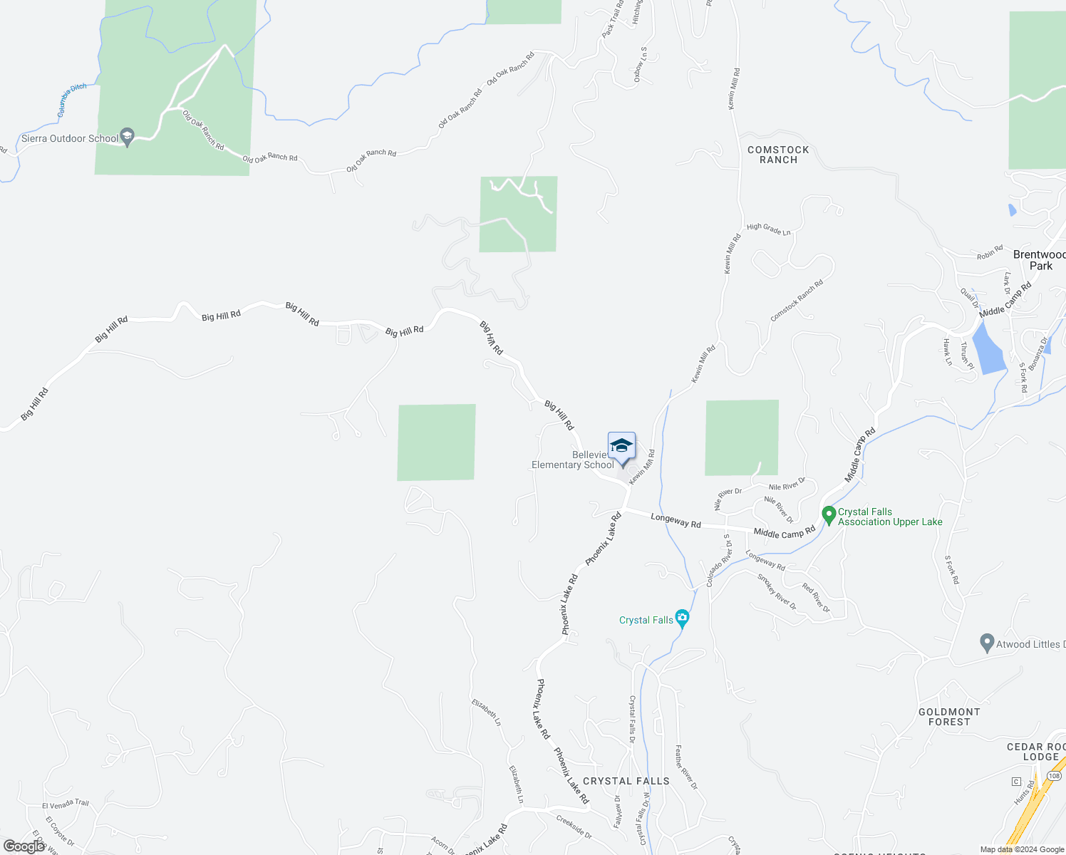 map of restaurants, bars, coffee shops, grocery stores, and more near 22850 Meadow Court in Sonora