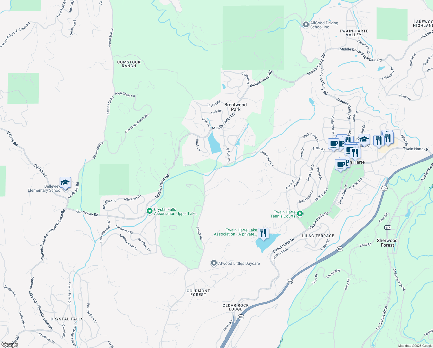 map of restaurants, bars, coffee shops, grocery stores, and more near 22845 S Fork Rd in Sonora
