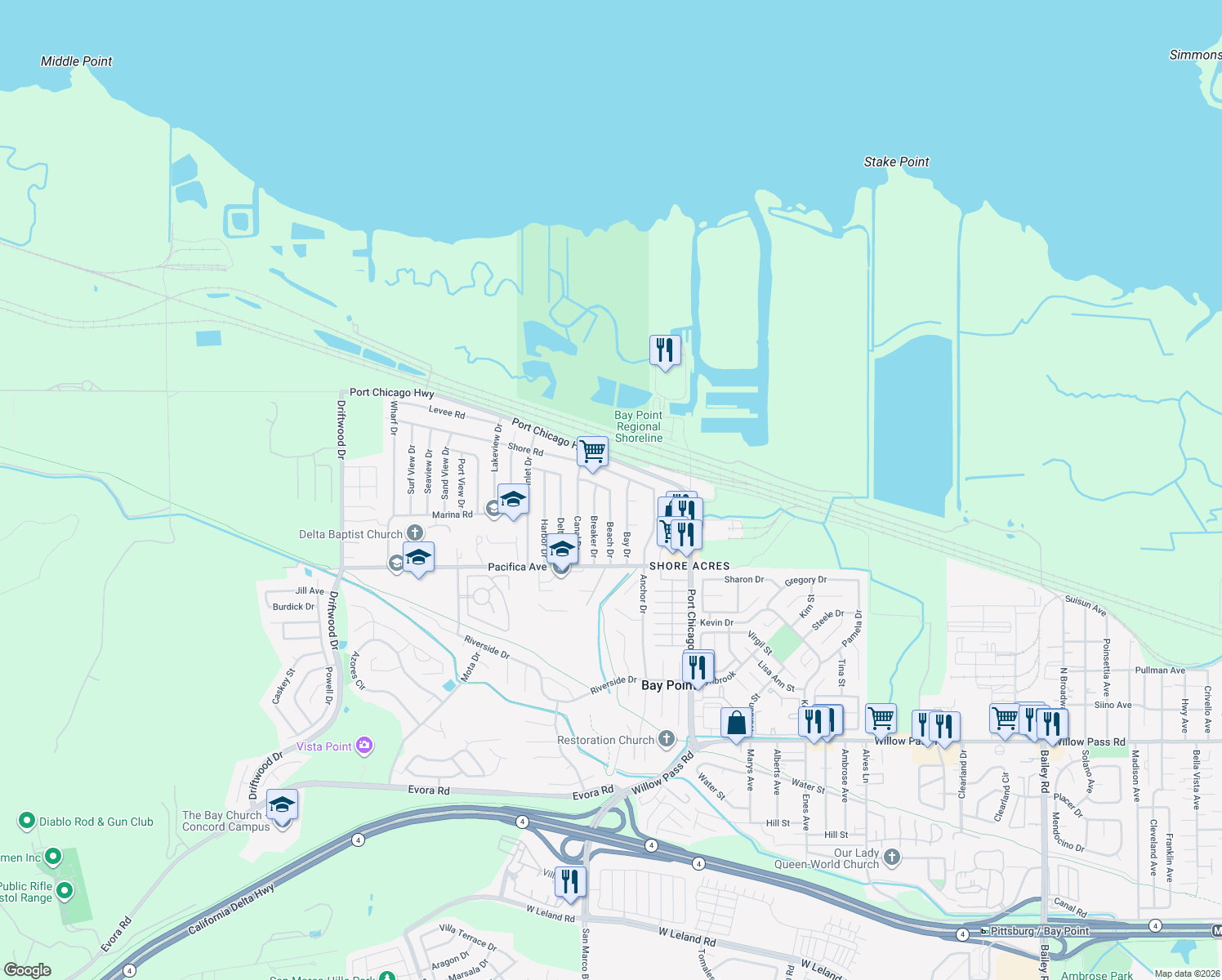map of restaurants, bars, coffee shops, grocery stores, and more near Beach Drive in Bay Point