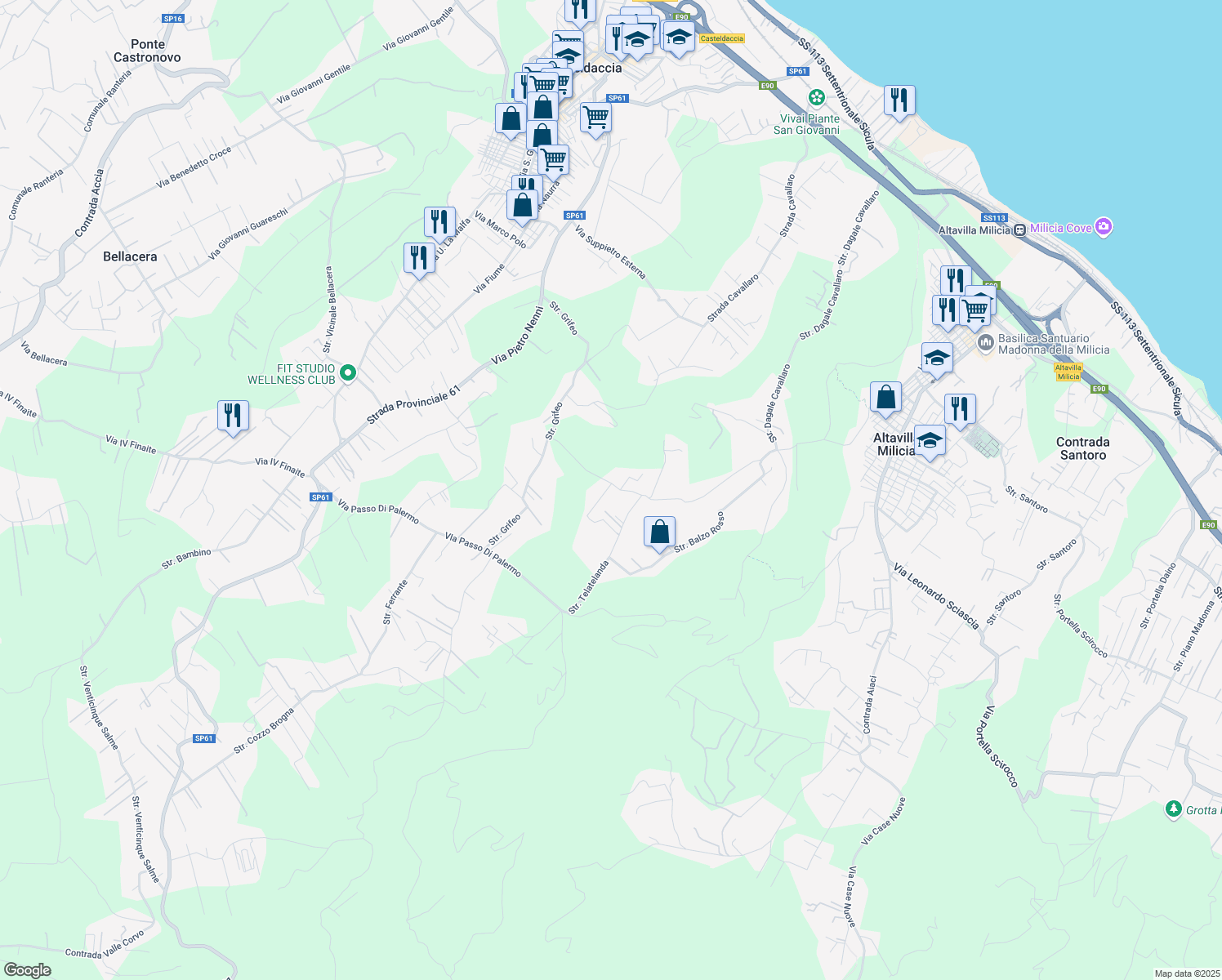 map of restaurants, bars, coffee shops, grocery stores, and more near 32 Strada Telatelanda in Casteldaccia