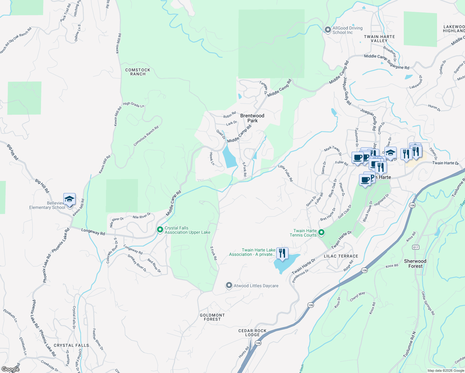 map of restaurants, bars, coffee shops, grocery stores, and more near 22845 South Fork Road in Sonora